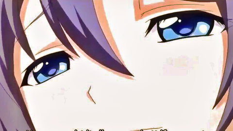 Anime girl with purple hair and big sparkling blue eyes blushing seductively close-up
