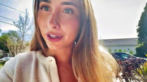 Lily Phillips blonde babe in open white cardigan, outdoor OnlyFans tease