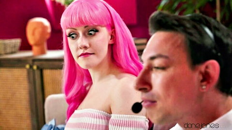 Evie Rees with pink hair in intimate closeup tease with partner, Dane Jones