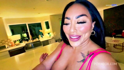 Kiara Mia teasing in pink top, big tits and curvy Latina body