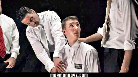 Mormon missionary grips submissive boy's throat forcing mouth open in taboo gay scene