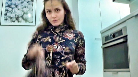 Persiai XXX brunette in floral dress, teasing in kitchen hardcore preview