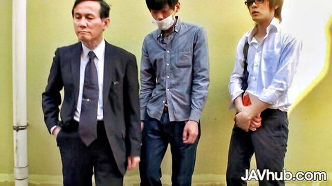Mari Motoyama in JAV train scene with suited Asian men, public setup