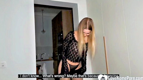 Blonde in sheer black lingerie looking puzzled before blowjob and fucking