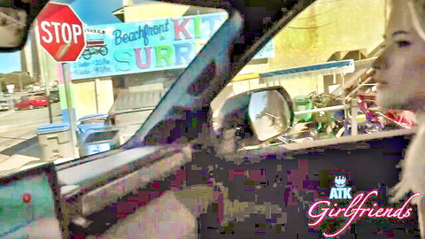 Blonde babe with big tits teases in POV car at beachfront during girlfriend experience