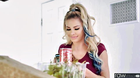 Jessa Rhodes in red top, teasing BTS interview smile