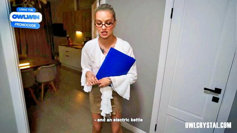 Owl Crystal as sexy blonde realtor in tight skirt, apartment viewing tease