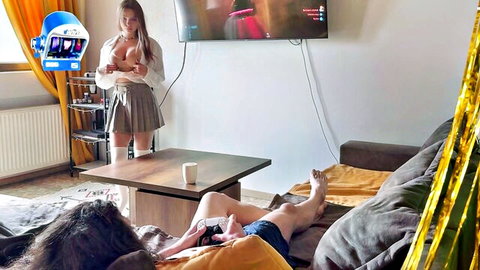 Alexa Poshspicy distracts gamer with exposed big tits in mini skirt
