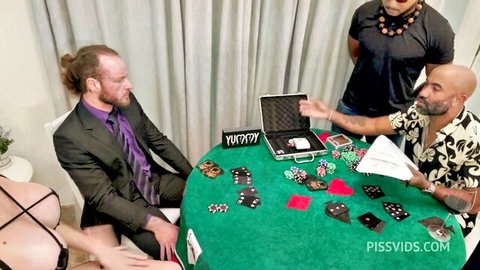 Busty tanned Latina in skimpy X-top flashes huge underboob cleavage at poker table with suited men