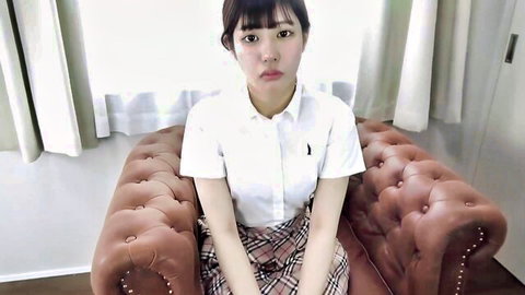 Cute Asian schoolgirl in white shirt and plaid skirt sits seriously on chair