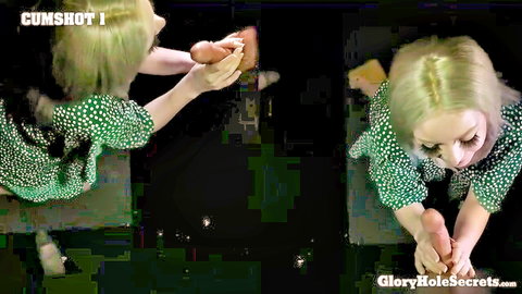 Blonde glory hole babe holds thick cumshot in hand ready to swallow