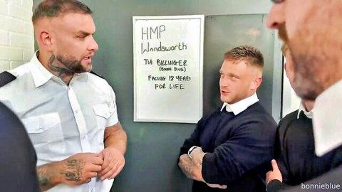 Prison guards in HMP Wandsworth surround young Tia Ballinder's cell for intense rough gangbang fuck session
