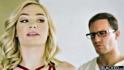Hadley Viscara in seductive red dress pose for Blacked interracial scene