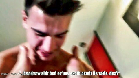 Shirtless young man with intense expression in Drilling A Sluts Cake adult video thumbnail