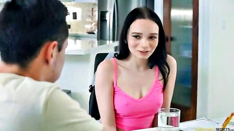Selina Imai in low-cut pink tank top flirting with man in stepmom scene