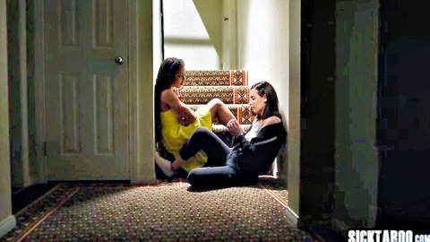 Skinny brunette spreads legs exposing wet pussy for girlfriend's hungry cunnilingus in hallway