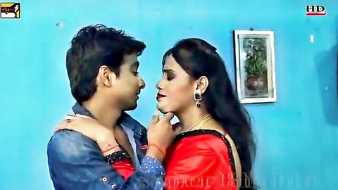 Indian Bhabhi in red saree intimate close-up with lover