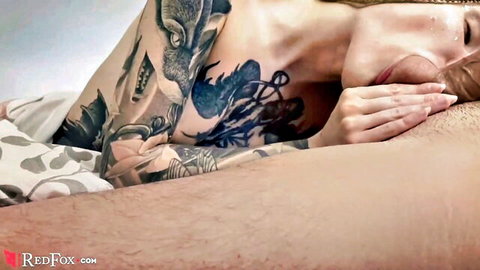 Tattooed blonde college girl gives messy blowjob after party