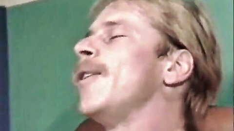 Blonde man in ecstasy receiving granny blowjob, close-up oral sex scene