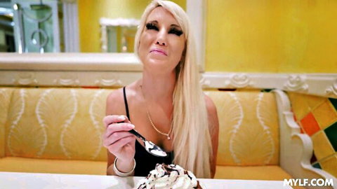 Hot blonde MILF seductively eating ice cream in teasing POV preview