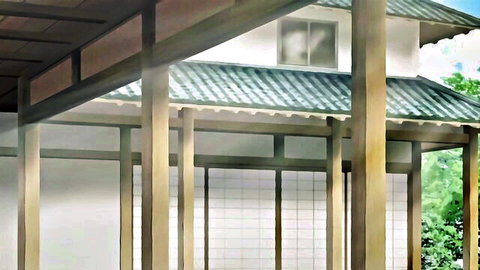 Anime hentai scene of traditional Japanese house veranda with wooden pillars and green tiled roof