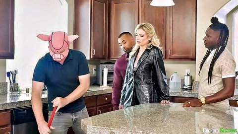 Hyley Winters in leather dress with pig-masked man and Black studs, anal fetish scene