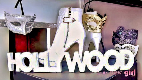 Hollywood casting setup with masks and high heel boots, LA new girl theme