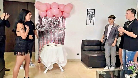 Kathy Lee in sexy black fringed dress at party with young men and birthday cake