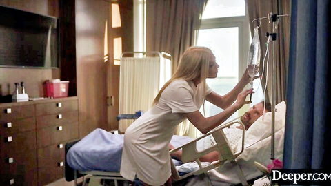 Blonde nurse Kenzie in short dress adjusts IV on patient in bed