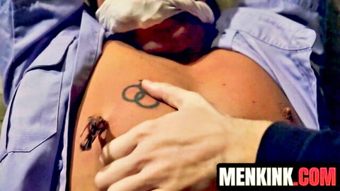 Wolf Hudson hand-dominating Jett Jax's tattooed torso in cop kink scene