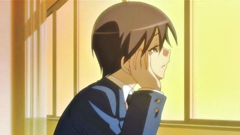 Anime schoolboy in blue uniform looks pensive by window, hentai harem teaser