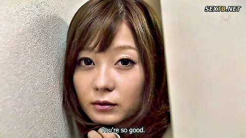 Seductive Asian woman with brown bangs peeking from door in netorare JAV
