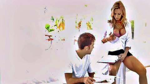 Tanya Tate MILF in open white blouse showing big tits, teasing man with clipboard