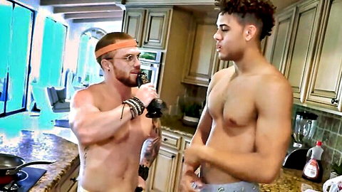 Troy Daniel muscular black guy topless with tattooed host in underwear chat