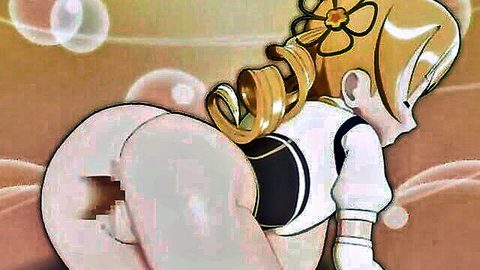 Blonde hentai girl in white uniform bending over with big censored ass