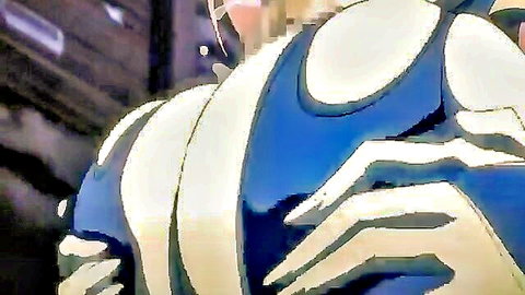 Huge glossy hentai tits squeezed by gloved hand in blue latex outfit