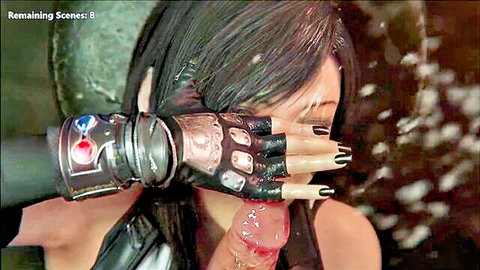 Raiden Shogun hentai babe facial cumshot from throbbing red cock as gloved hand grips her wet face