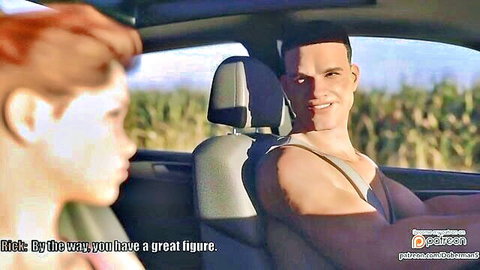 Shirtless muscular hunk smiles at cute redhead femboy in car saying you have a great figure comic