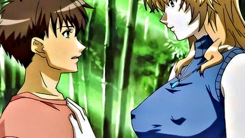 Busty anime woman in blue tank top with young man in bamboo setting, Shimaizuma Ep 2