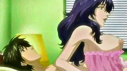 Busty purple-haired hentai mom exposes huge tits straddling young stepson on bed