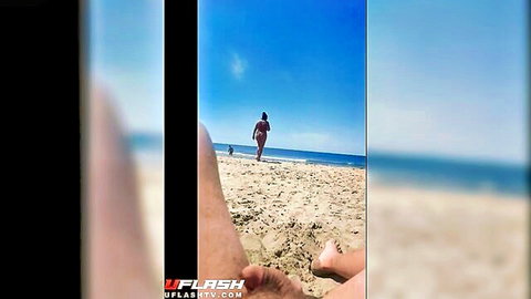 Nude brunette walking away on sunny beach, bare ass and curves visible