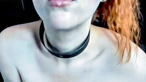 Redhead cam slut mother in black choker drinks her own milk topless