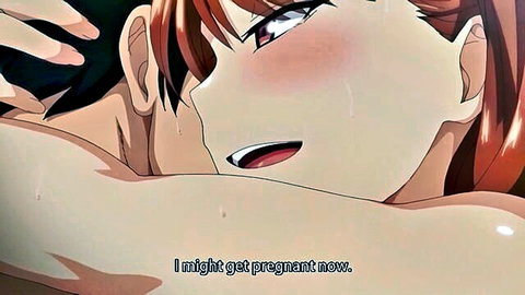 Red-haired anime girl in ecstatic embrace during risky creampie in hentai