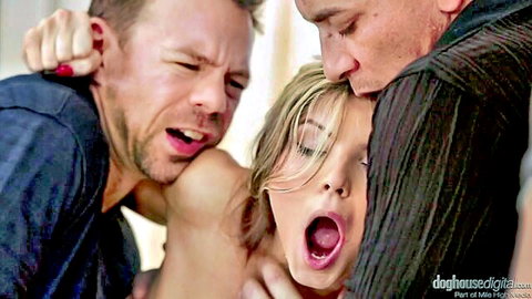 Gina Gerson in intense gangbang with two men grabbing her blonde petite body