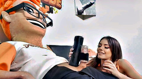 Petite brunette smiles as cum drips from fleshlight on mascot's cock