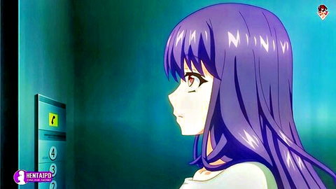 Purple-haired busty anime babe in elevator, side profile view | Hentai 1080p
