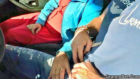 Blonde mature hitchhiker groped in car by huge bulge