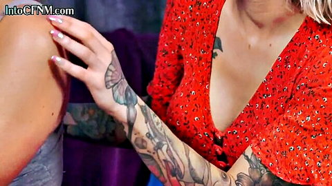 Blonde British woman in red dress grabs cock in CFNM threesome