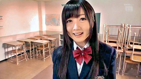 Yui Hatano as seductive Japanese schoolgirl in uniform, smiling
