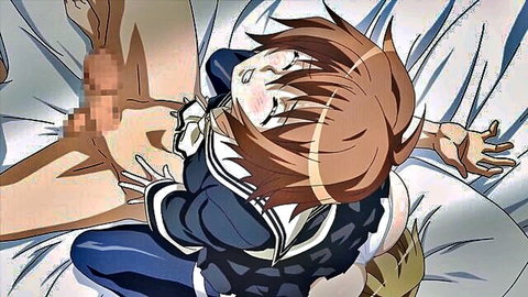 Hentai schoolgirl in sailor uniform with hiked skirt exposing pussy pressed against erect cock on bed